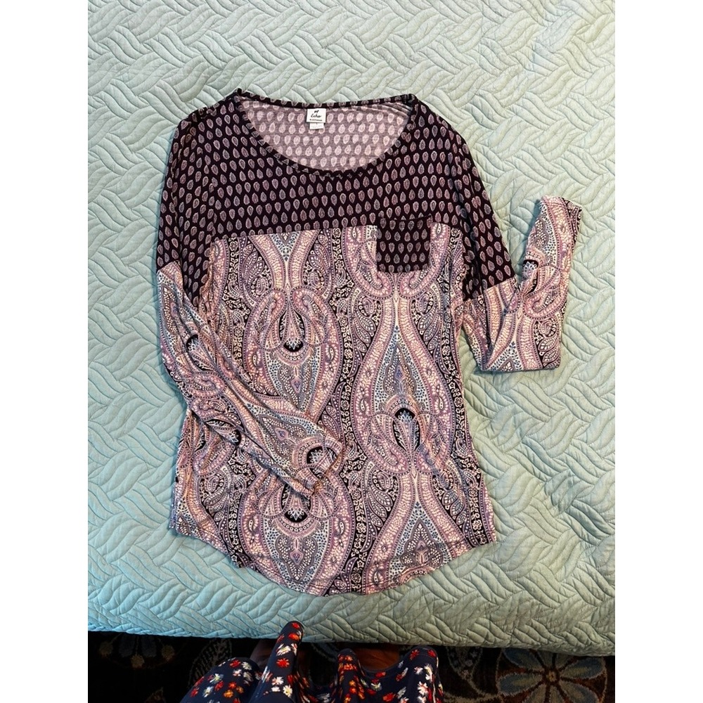 Echo Sleepwear Womens Large Purple Paisley Long Sleeve Pajama Top Lounge Shirt